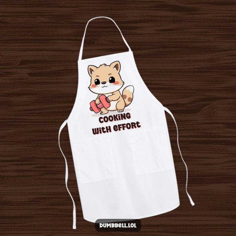 Funny Apron: Determined animal struggling to lift a tiny dumbbell, ready for kitchen duty with humorous effort.