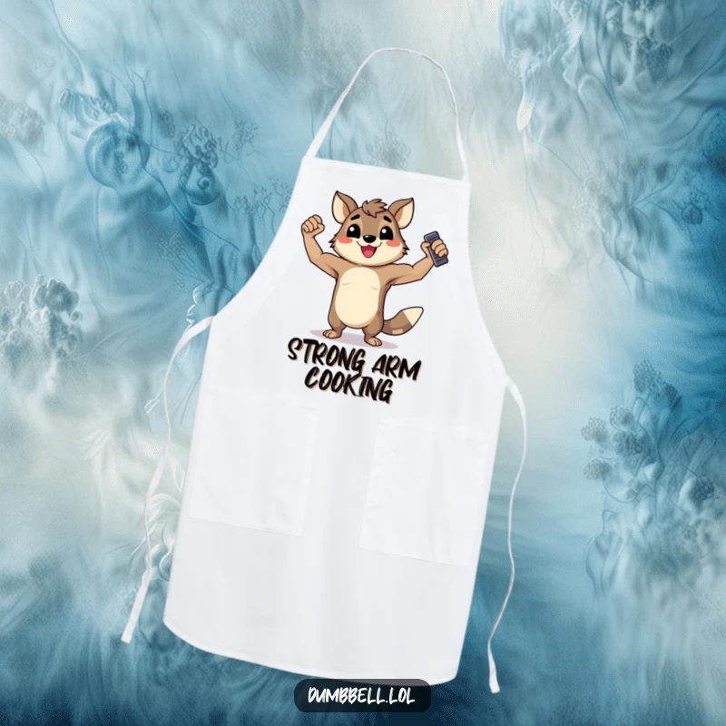 Funny Apron: Happy animal flexing muscles while holding a dumbbell, ready for kitchen duty with a strong pose.