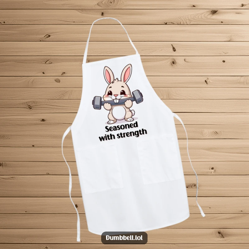 Funny apron showing a pouncing rabbit with a dumbbell, ideal for humorous kitchen workouts and energetic cooking performances.