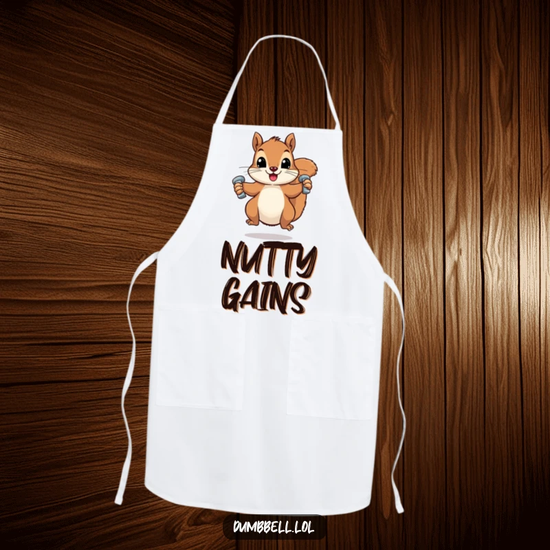 Funny apron with a squirrel lifting small dumbbells, perfect for kitchen use and adding humor to cooking.