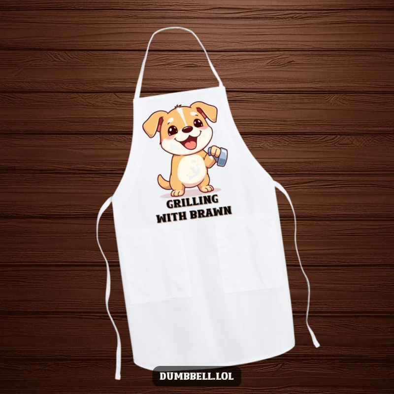 Funny apron showing an energetic dog lifting a dumbbell, ideal for humorous kitchen workouts and strong cooking performances.