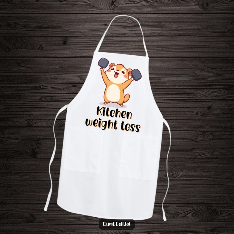 Funny Apron: Small animal playfully tossing a dumbbell in the air, ready for kitchen duty with a fun attitude.