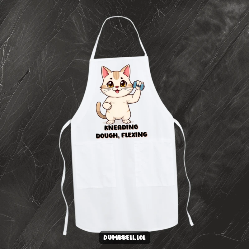 Funny apron showing an energetic cat flexing a dumbbell, ideal for humorous kitchen workouts and agile cooking performances.