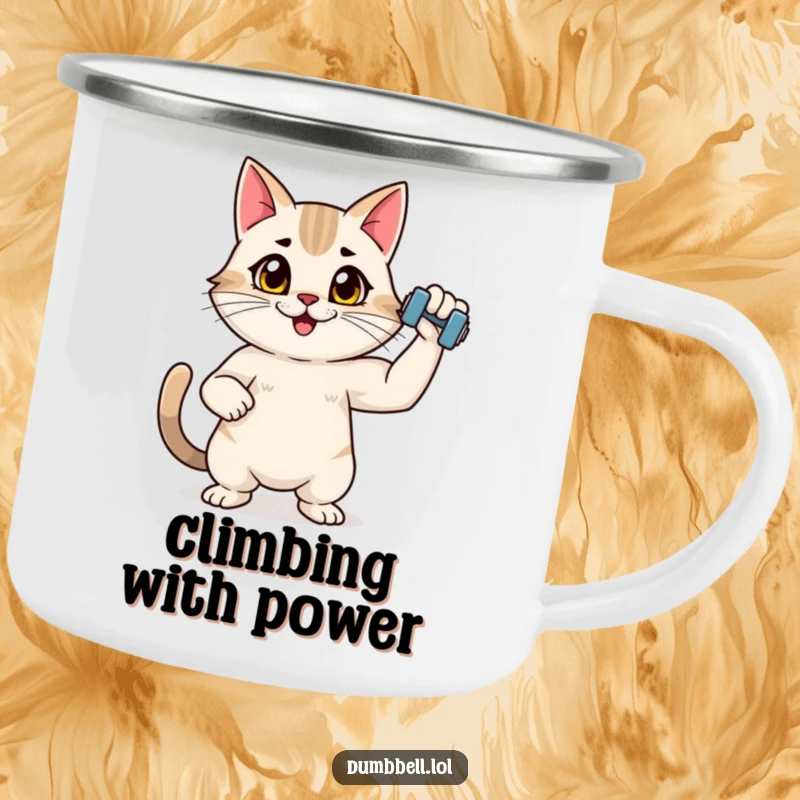 Funny camping mug with an energetic cat flexing a dumbbell, perfect for humorous outdoor workouts and trailside refreshments.