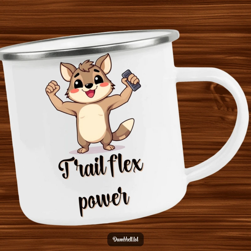 Funny Camping Mug: Happy animal flexing muscles while holding a dumbbell, ideal for outdoor adventures.