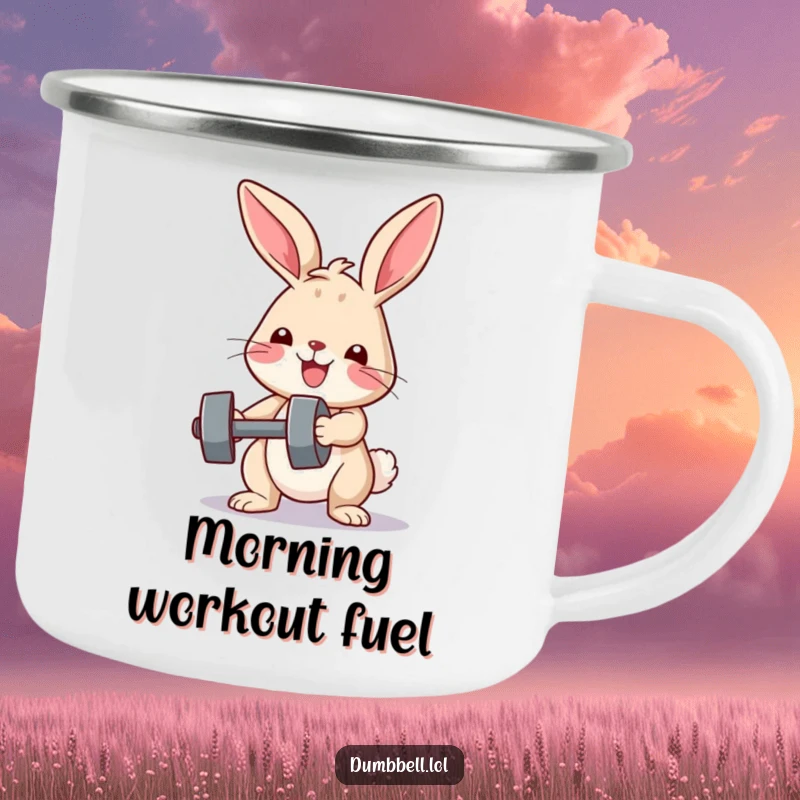 Funny camping mug with a determined bunny lifting a small dumbbell, perfect for outdoor enthusiasts who appreciate humor and fitness.