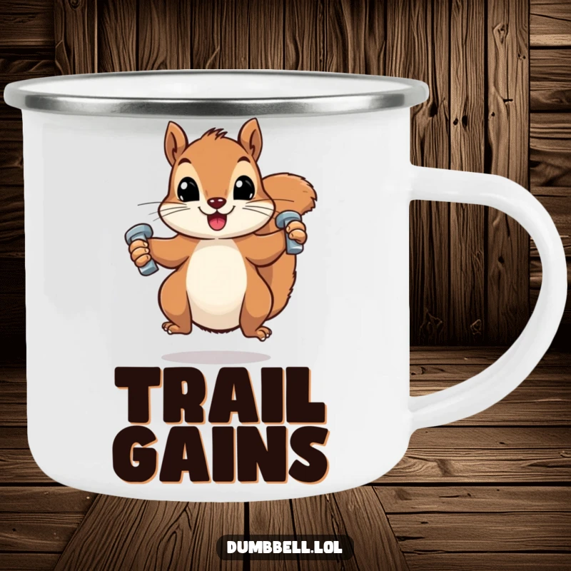 Funny camping mug featuring a squirrel lifting two small dumbbells, ideal for outdoor enthusiasts who love humor.
