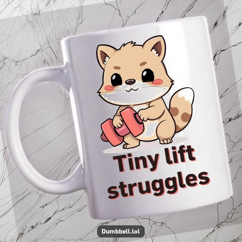 Funny Mug: Determined animal intensely struggling to lift a tiny dumbbell, showcasing effort and a humorous workout.
