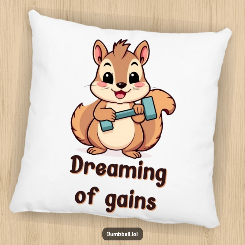 Funny squirrel proudly lifting a tiny dumbbell, looking strong and cute on this plush decorative pillow.