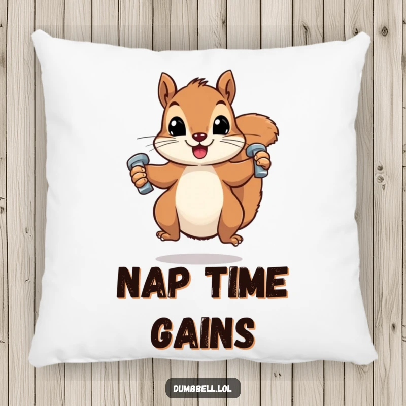 Funny pillow design showing a squirrel lifting two tiny dumbbells, offering a humorous and comfortable decorative touch.