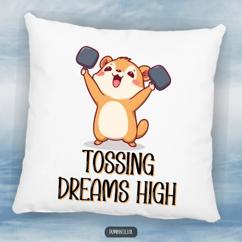 Funny Pillow: Small animal playfully tossing a dumbbell in the air, providing comfort and a dose of playful energy.