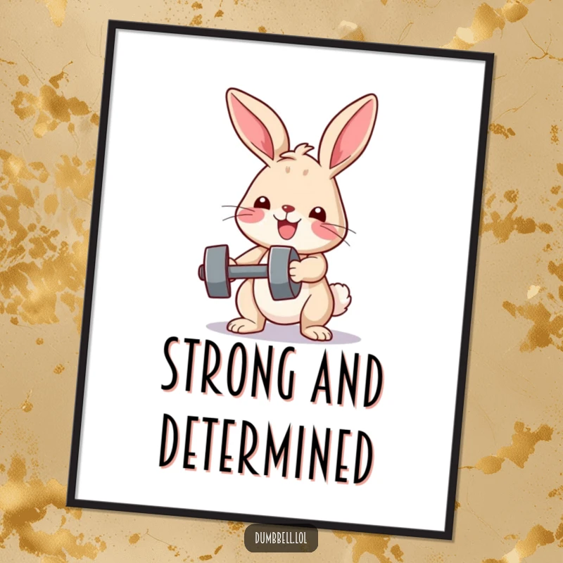 Funny digital art print of a determined bunny lifting a small dumbbell, perfect for inspiring wall decor, a funny gift.
