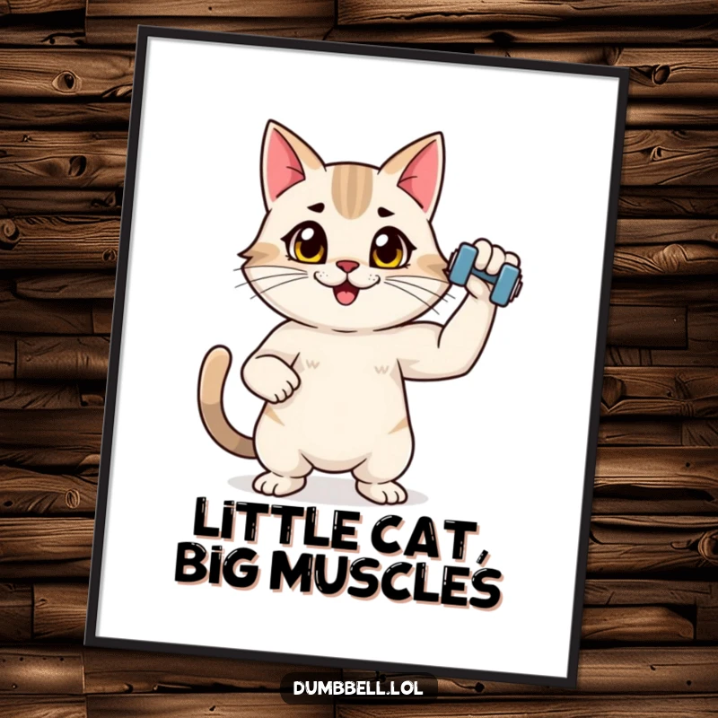 Funny digital art print of an energetic cat flexing with a dumbbell, ideal for motivational wall decor with humorous feline flair.