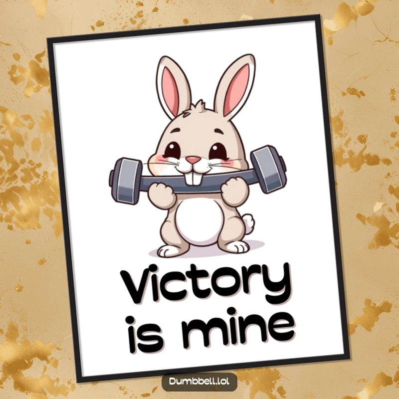 Funny digital art print of a pouncing rabbit with a dumbbell, ideal for motivational wall decor with humorous fitness flair.