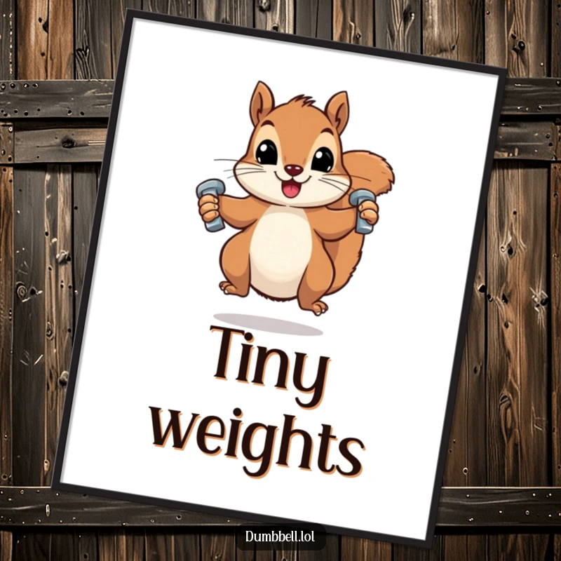 Funny digital art print of a squirrel energetically lifting two miniature dumbbells, perfect for humorous wall decor.