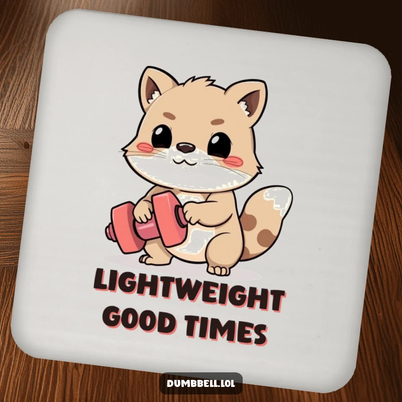 Funny Coaster: Determined animal struggling to lift a tiny dumbbell, protecting surfaces with humorous effort.