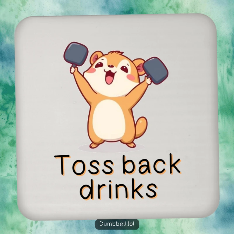 Funny Coaster: Small animal playfully tossing a dumbbell in the air, protecting surfaces with a cheerful toss.