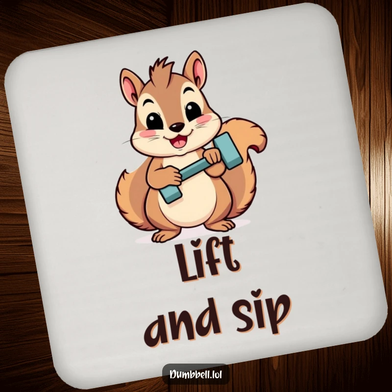Funny squirrel lifting a mini dumbbell, looking proud, protecting your surfaces with this humorous drink coaster.