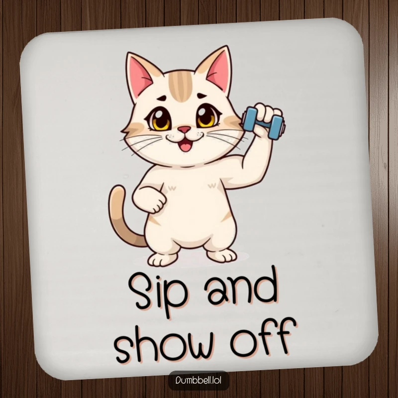 Funny drink coaster with an energetic cat flexing a dumbbell, providing surface protection with humorous feline strength.