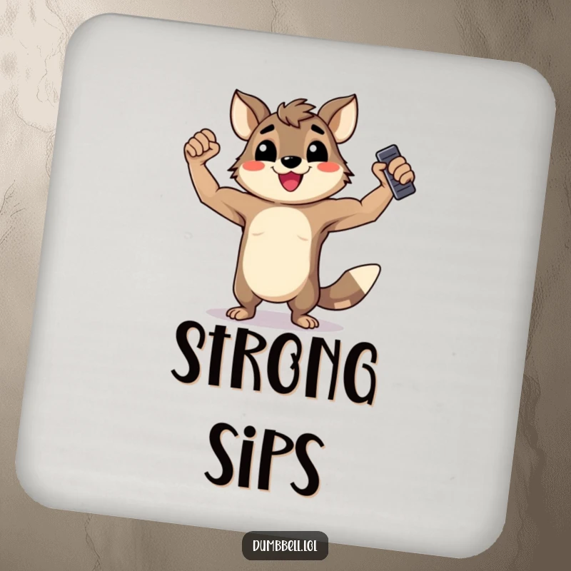 Funny Coaster: Happy animal flexing muscles while holding a dumbbell, protecting surfaces with strength.