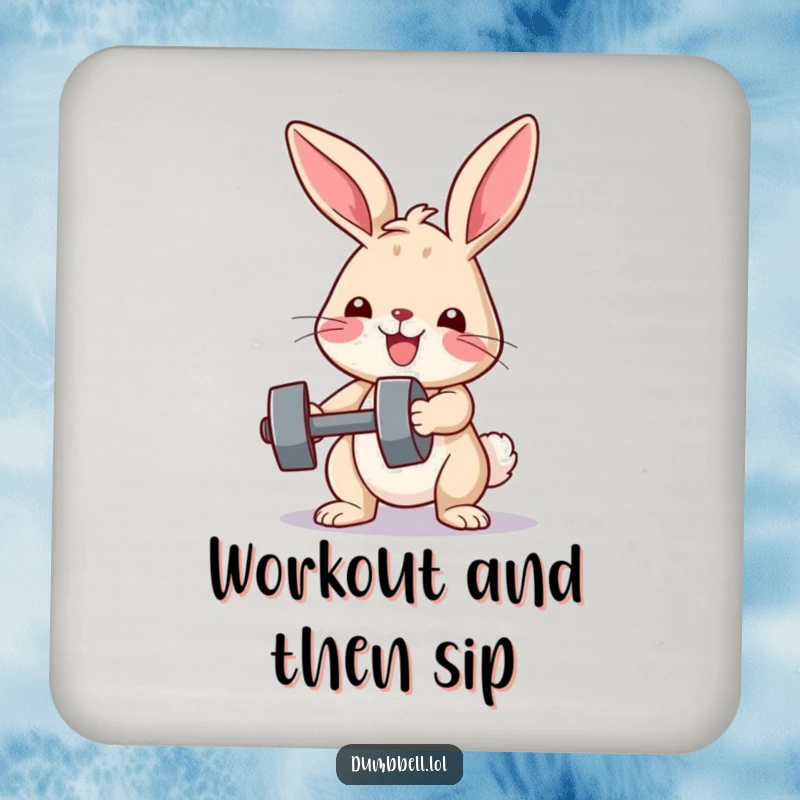 Funny drink coaster with a determined bunny lifting a small dumbbell, adding fitness humor and protection to surfaces.