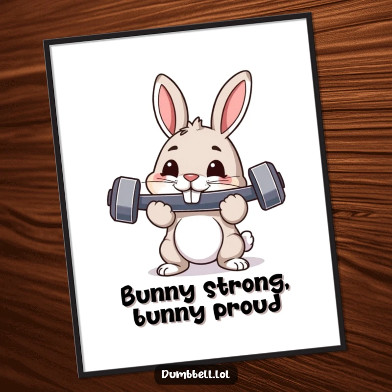 Funny poster of a pouncing rabbit with a dumbbell in its mouth, displaying pride and humorous fitness enthusiasm.