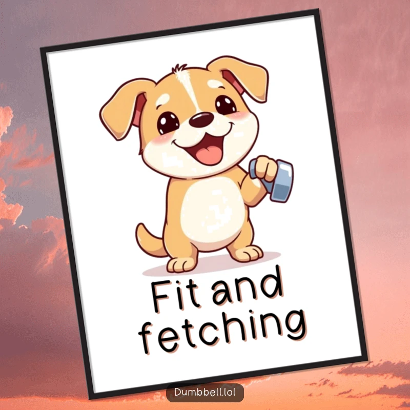Funny poster of an enthusiastic dog lifting a small dumbbell with one paw, radiating strength and humorous workout passion.