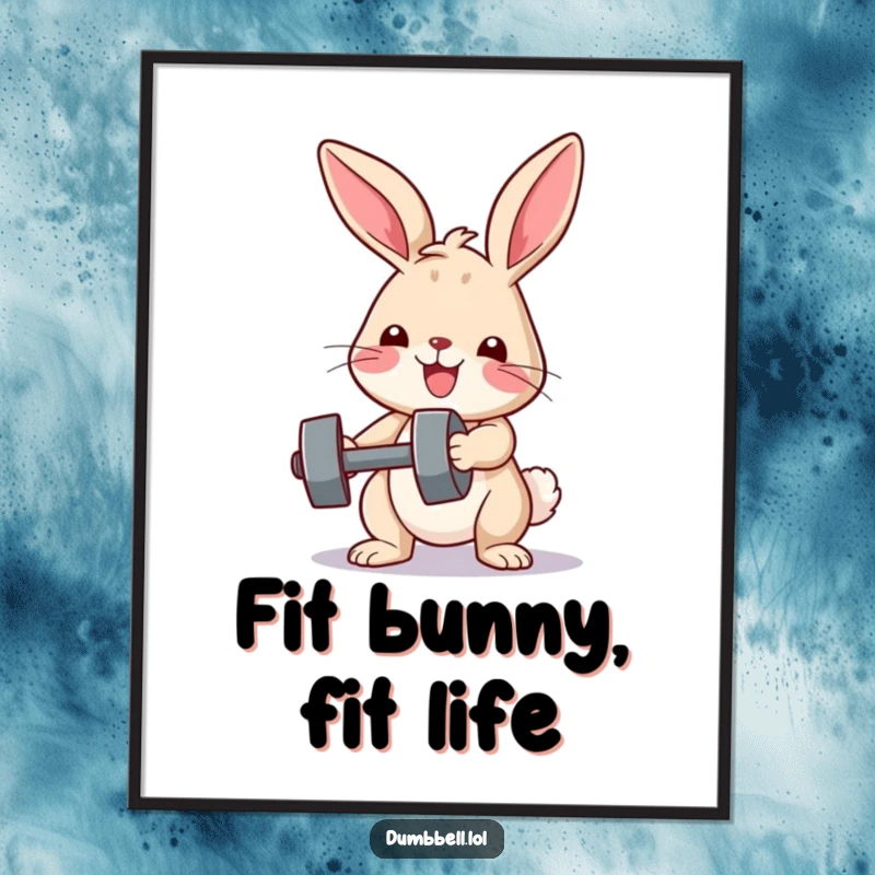 Funny poster of a determined bunny lifting a small dumbbell, symbolizing strength training and perseverance, perfect wall art.