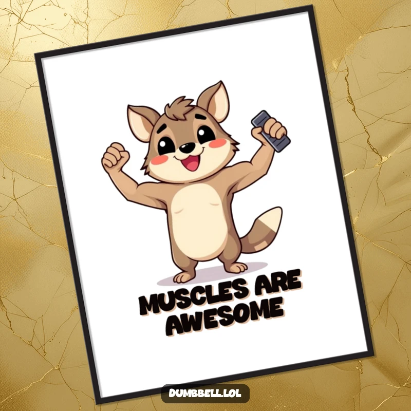 Funny Poster: Happy animal flexing its muscles while holding a dumbbell, radiating strength and a cheerful attitude.