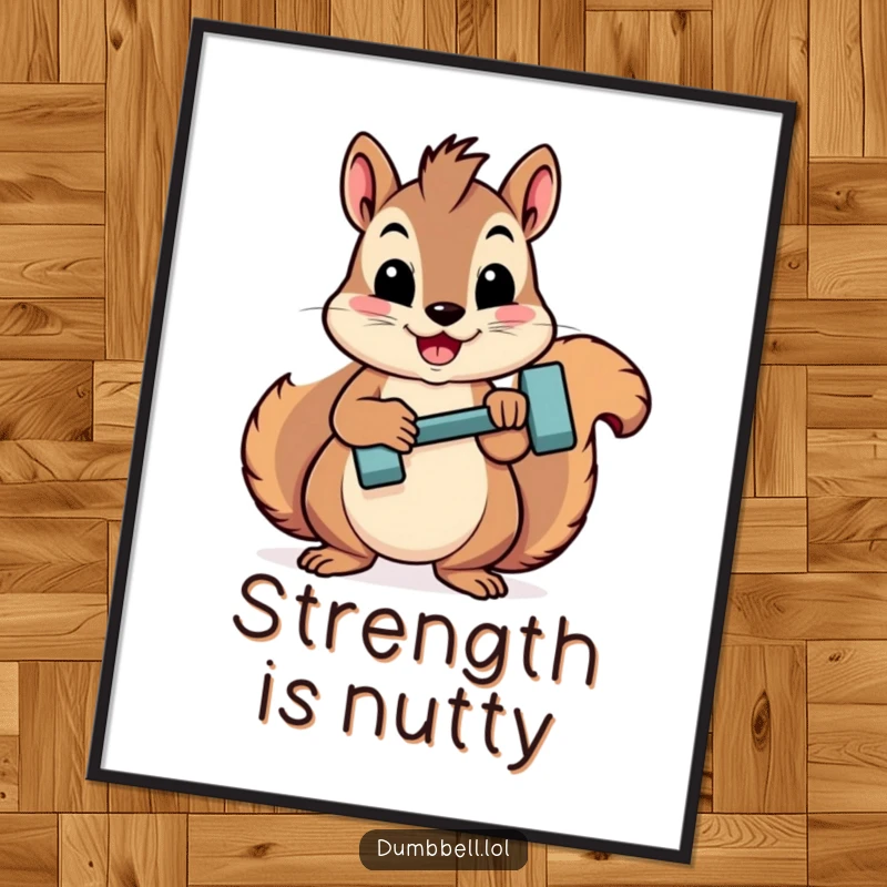 Funny, proud squirrel holding a mini dumbbell, radiating fitness motivation on this humorous wall poster.