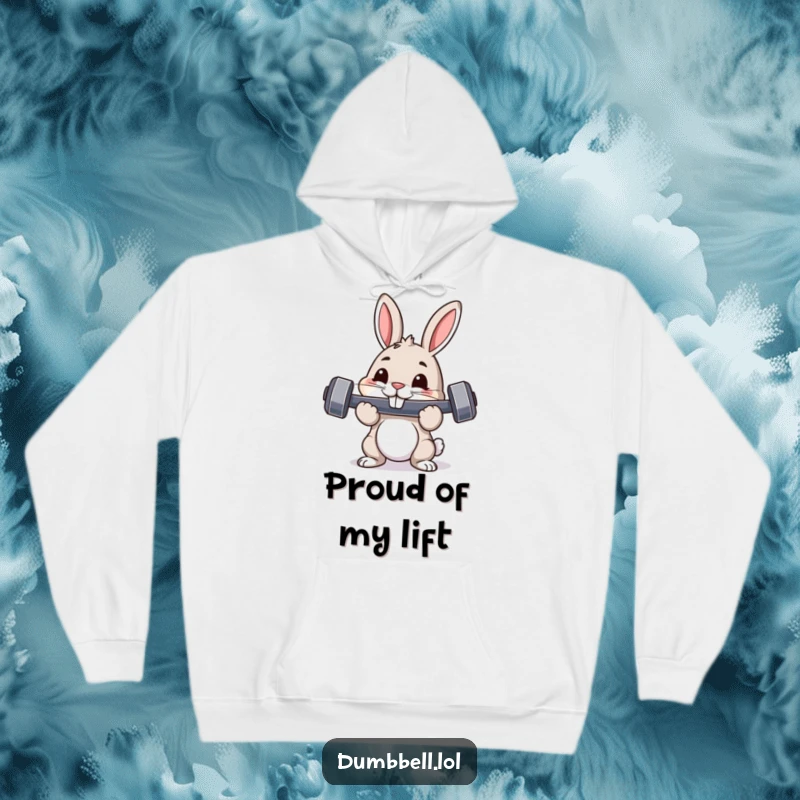 Funny hoodie showing a pouncing rabbit with a dumbbell in its mouth, exuding pride and humorous fitness drive.