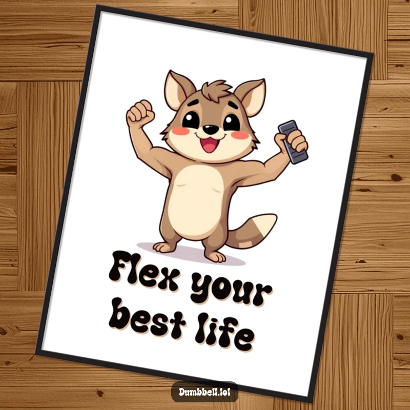 Funny Free Printable wall art of a happy animal flexing its muscles and holding a dumbbell, radiating strength and positive energy.