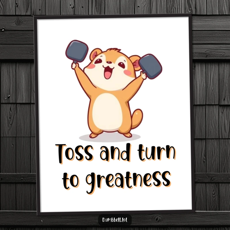 Funny Free Printable wall art of a small animal playfully tossing a dumbbell in the air, adding energetic fun to any room.