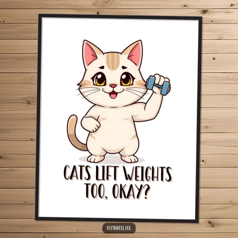Funny Free Printable Wall Art: Energetic cat flexing with a tiny bright dumbbell, showcasing impressive and humorous strength.