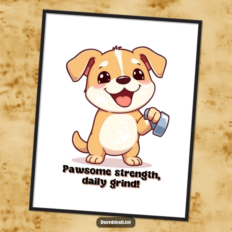 Funny Free Printable Wall Art: Enthusiastic dog lifting a small gleaming dumbbell with one paw, inspiring strength and fitness.
