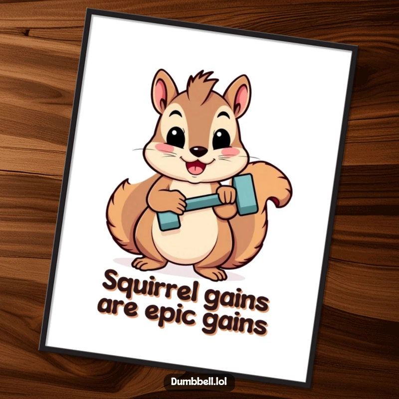 Funny free printable wall art of a proud squirrel showing off its strength with a mini dumbbell.