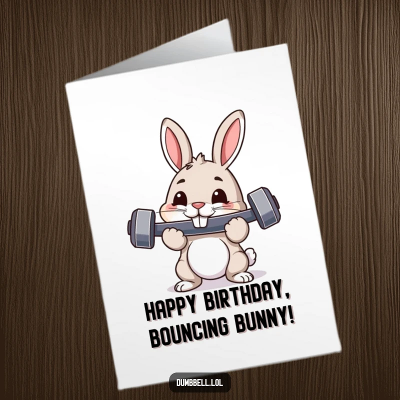 Funny Free Printable Birthday Card: Pouncing rabbit with dumbbell in mouth, proud expression, celebrating birthday success.