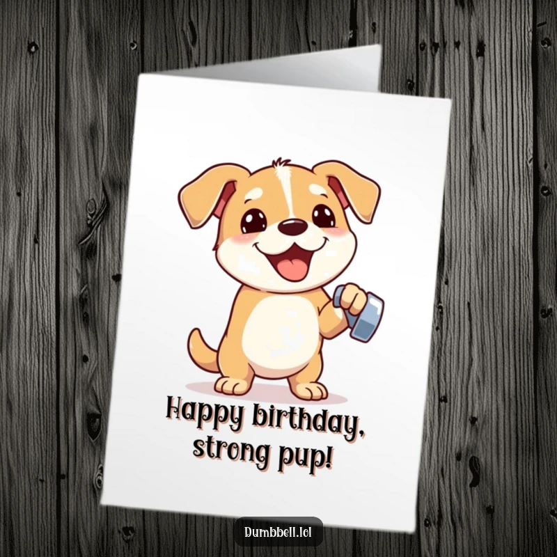 Funny Free Printable Birthday Card: Enthusiastic dog lifting small gleaming dumbbell with one paw, celebrating fitness and fun.