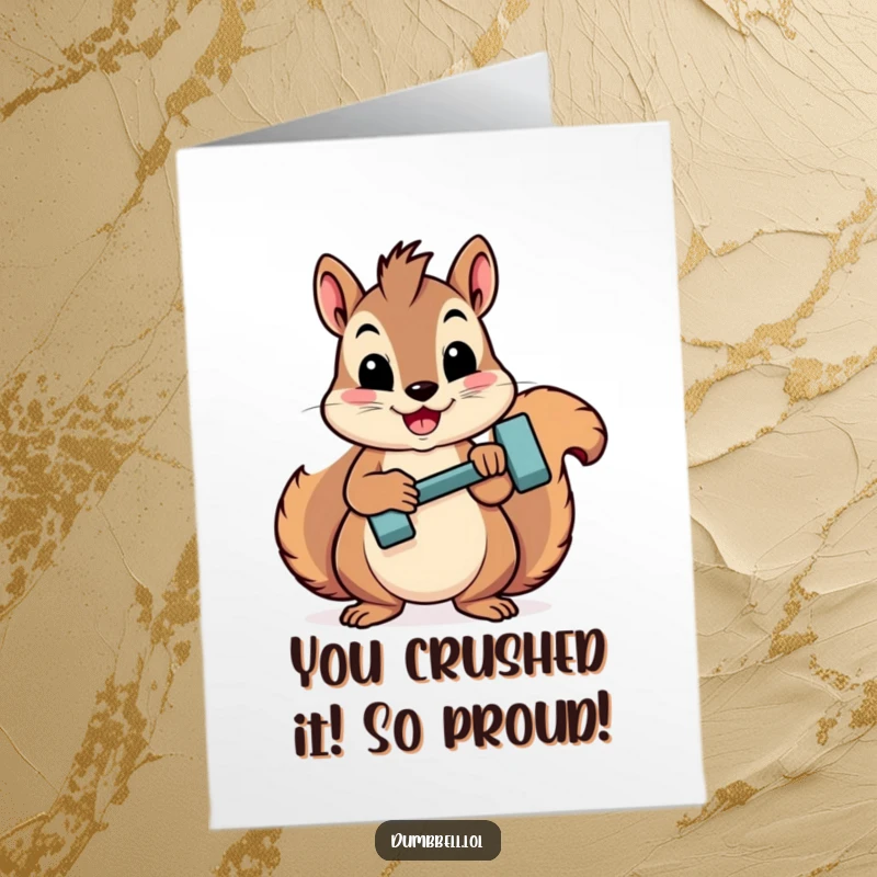 Funny free printable congratulations card showing a proud squirrel showing off its muscles with a mini dumbbell.