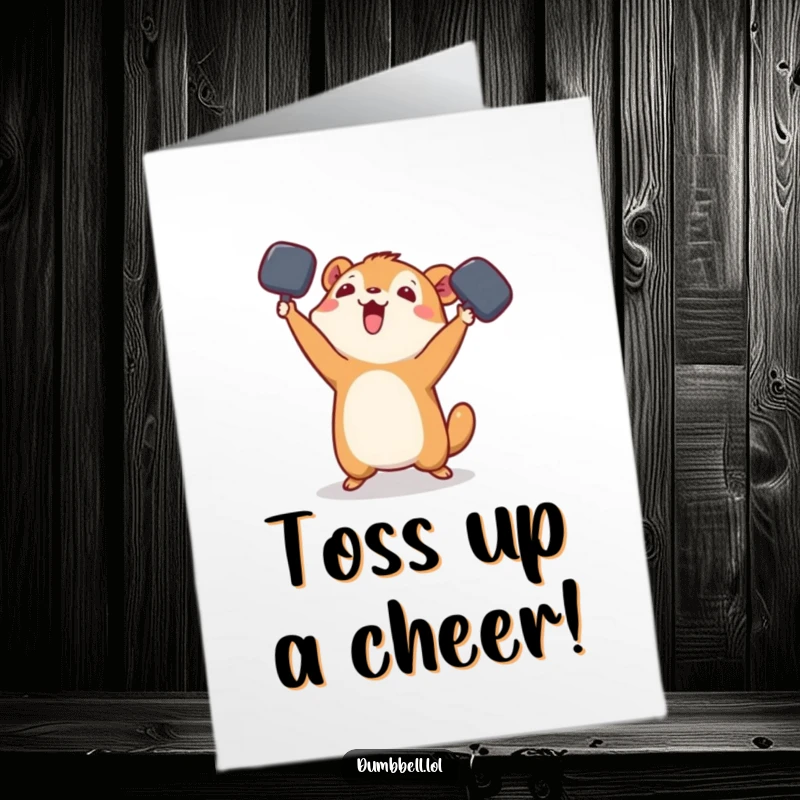 Funny Free Printable congratulations card featuring a small animal playfully tossing a dumbbell, celebrating achievements with energetic joy.