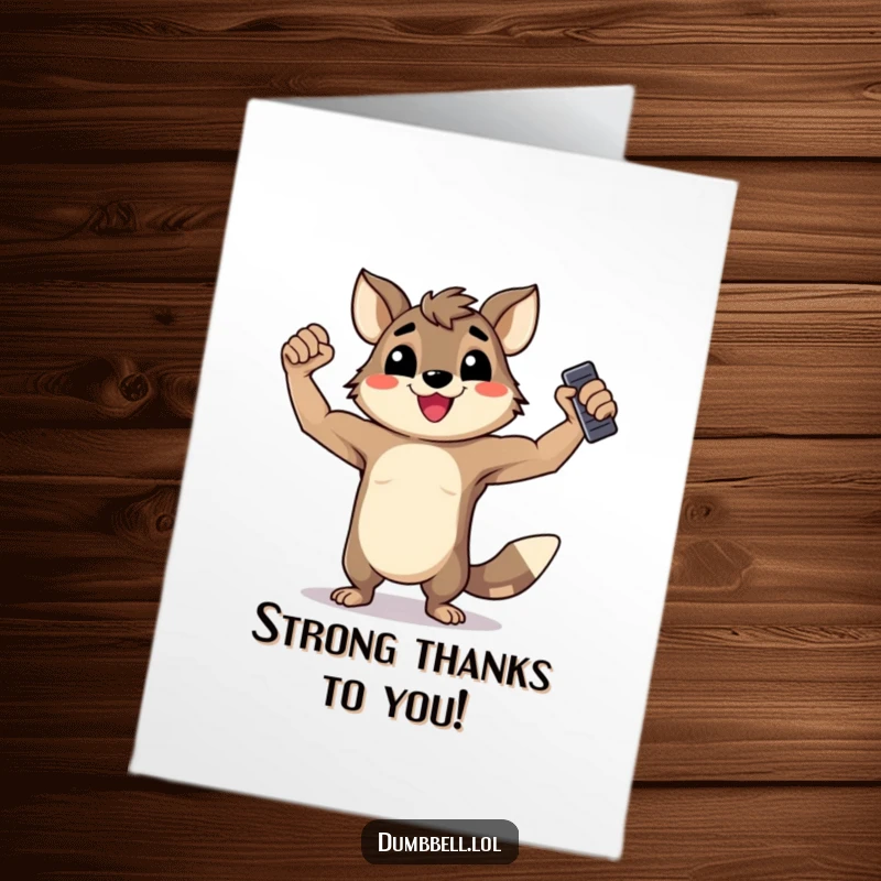 Funny Free Printable thank you card of a happy animal flexing its muscles and holding a dumbbell, expressing gratitude with strength.
