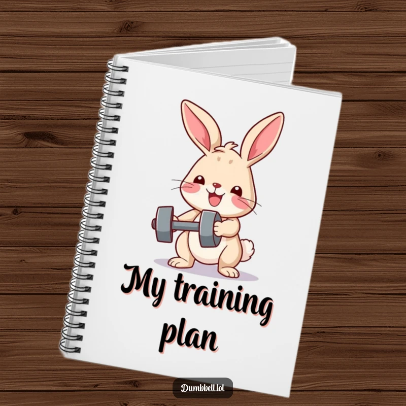 Funny notebook with a determined bunny lifting a small dumbbell, perfect for jotting down workout plans with a touch of fitness humor.