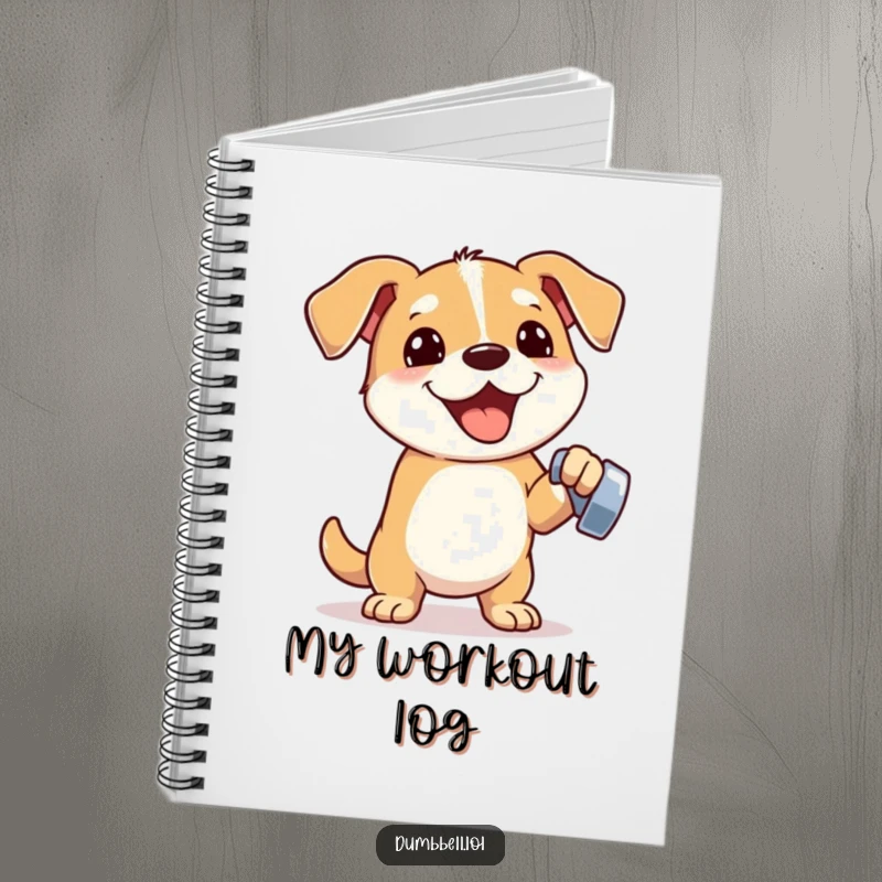 Funny notebook with an energetic dog lifting a dumbbell, perfect for logging gym sessions and inspired, humorous thoughts.