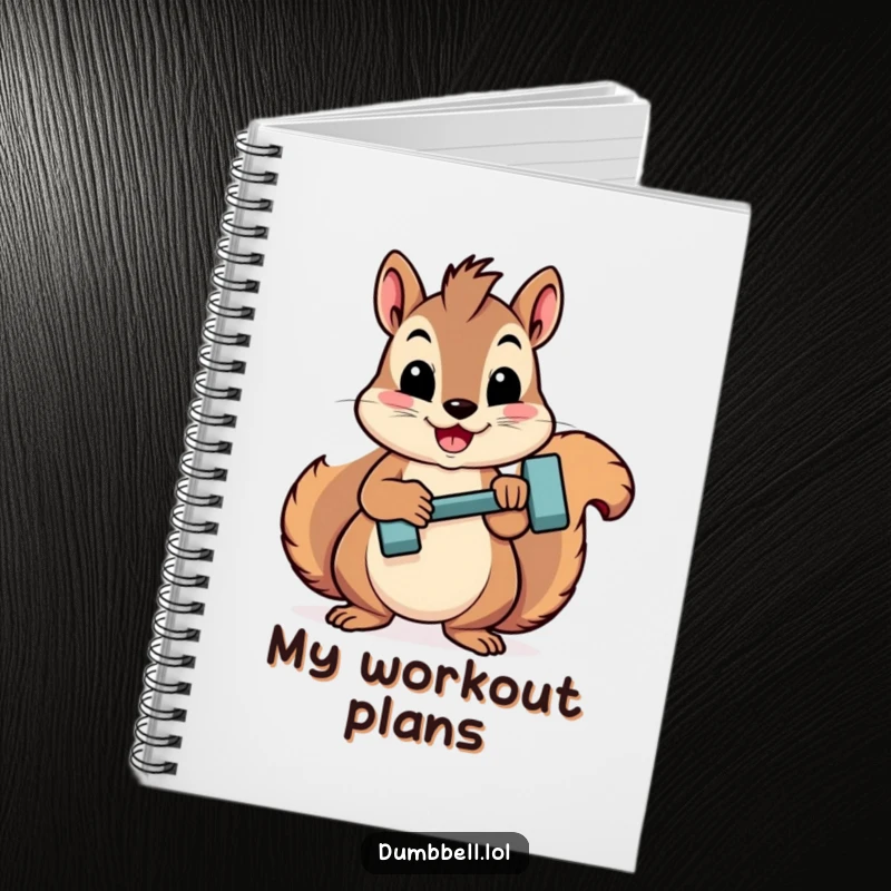 Funny squirrel proudly lifting a mini dumbbell, perfect for jotting down notes and fitness goals in this notebook.