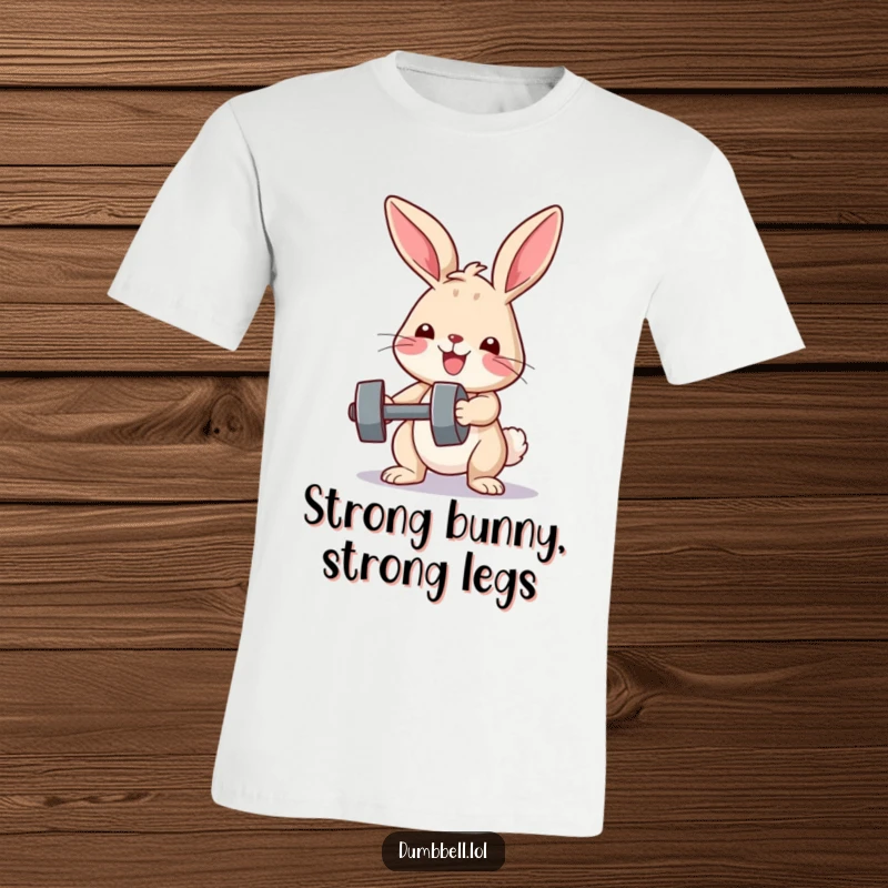 Funny t-shirt with a determined happy bunny lifting a small dumbbell, perfect for fitness lovers and those who appreciate cute humor.
