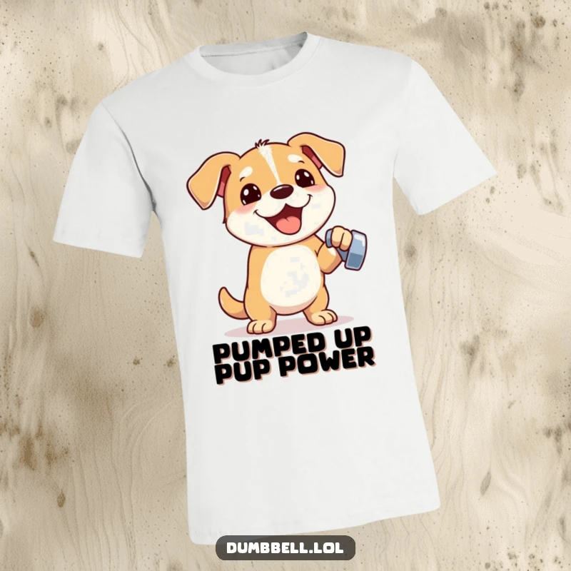 Funny t-shirt with an energetic dog lifting a small dumbbell with one paw, depicting strength, determination, and humorous fitness.