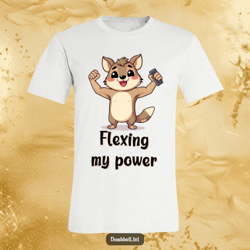 Funny T-Shirt: Happy animal flexing muscles proudly while holding a dumbbell, showcasing its strength and cheerful vibe.
