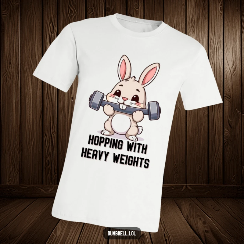 Funny t-shirt with a pouncing rabbit holding a dumbbell in its mouth, expressing pride and humorous fitness ambition.
