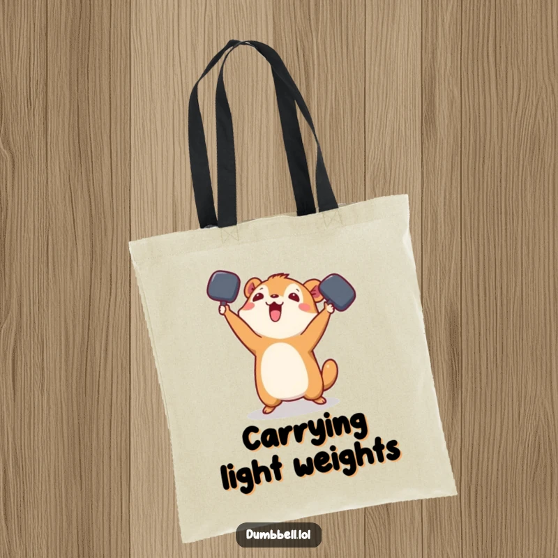 Funny Tote Bag: Small animal playfully tossing a dumbbell in the air, ready for shopping with a cheerful toss.