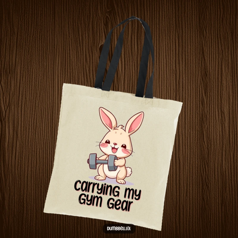 Funny tote bag with a determined bunny lifting a small dumbbell, symbolizing strength and fitness, a practical and amusing funny gift.